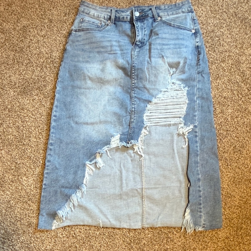 Blue Distressed Denim Midi Skirt